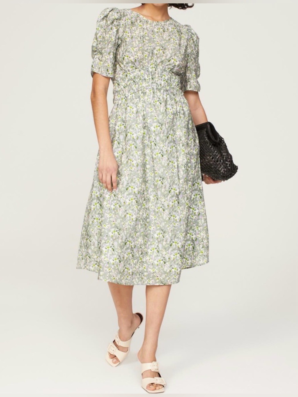 BOSS~Dizzi Green Floral Puff-Sleeve Midi Dress~Size 4~$348~